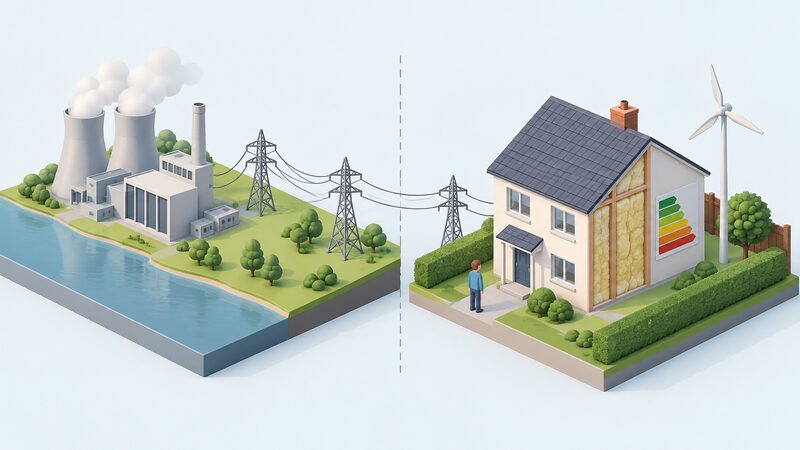 A simplified diagram split down the middle: on the reserved side a plain power station, transmission pylons and wires feeding a house, on the devolved side the same house shown close up with a wind turbine in its garden, insulation and an energy performance label on the wall.