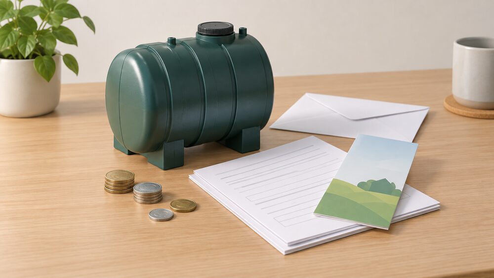 A small model of a domestic heating oil tank standing on a table beside blank application paperwork, a plain envelope and a few coins, with a slim leaflet-style card leaning against the papers.