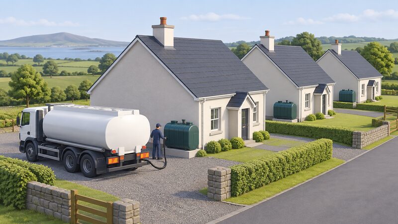 A row of rural Northern Ireland homes, each with a domestic oil storage tank on an outside plinth beside the house wall, with a tanker delivering fuel to one of them.