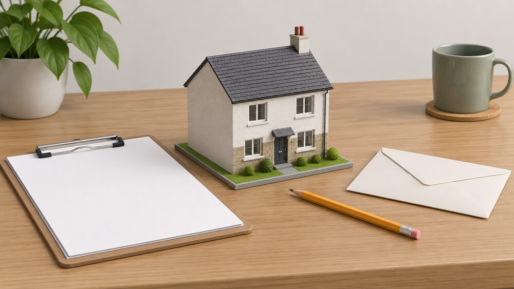 A small model of a Scottish social rented house sits on a table beside a clipboard with blank assessment paperwork, a pencil and a sealed envelope, suggesting a landlord preparing to have the home's energy performance assessed.