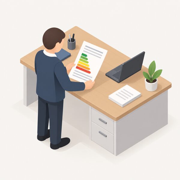 A simplified isometric social landlord's office desk with a printed energy performance certificate sheet lying on it, its rating shown as a plain colour band in the middle of the page, with a small figure of a landlord standing beside the desk holding the sheet.
