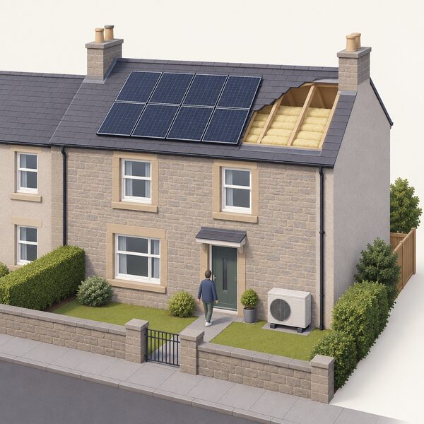 A typical Scottish social housing home, a modest stone or rendered terraced house, shown whole from the street with a heat pump unit outside, roof insulation and solar panels, representing the dwellings whose energy use must be significantly reduced by 2045.