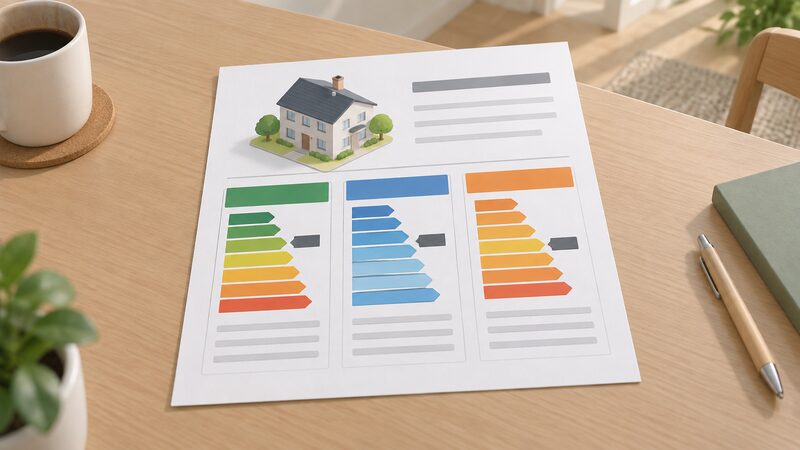 A printed reformed domestic EPC certificate lying on a table, shown as a physical sheet with three plain colour-banded rating scales side by side for heat retention, heating system and energy cost, each marked only with a simple pointer block and blank lines.
