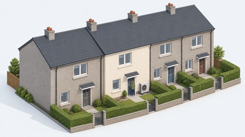 A short row of Scottish social housing terraced homes shown in isometric view, one home rendered with a thick external wall insulation layer on its front facade and an air source heat pump unit on the ground outside beside an external wall, with a simplified tenant figure at the door of the improved home.
