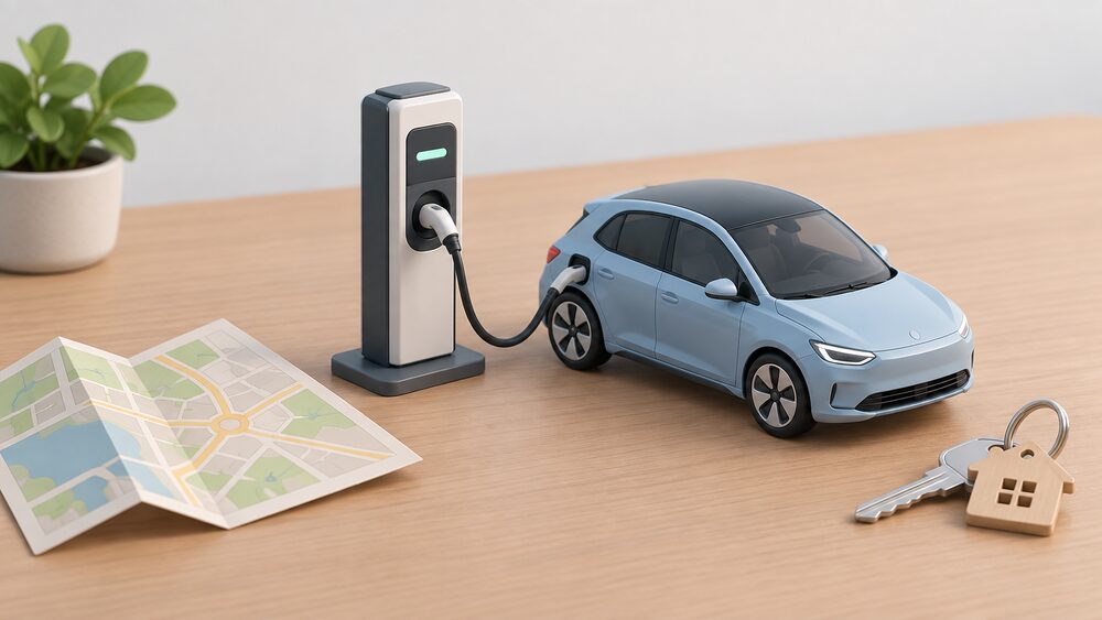 A small model electric car with a charging cable plugged into a miniature public chargepoint post, standing on a table beside a folded paper map and a house key, suggesting a driver weighing public charging against charging at home.