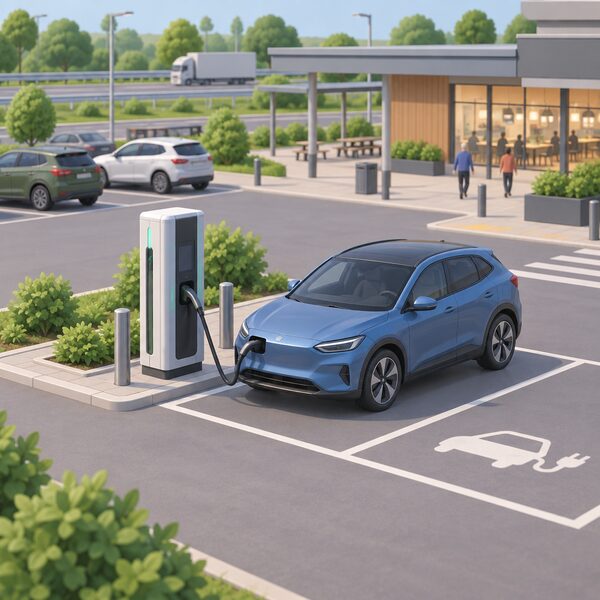 A rapid electric vehicle chargepoint with a car plugged in at a motorway service area forecourt, showing a privately funded charger sited where usage is highest, with the service area buildings and parking bays around it.