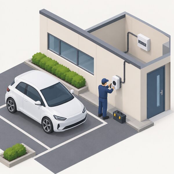 An installer in plain work clothing fits a wall-mounted electric vehicle chargepoint socket on the exterior wall of a workplace car park, with a cable running from the unit to the consumer unit and a simplified isometric electric vehicle parked nearby at the bay.