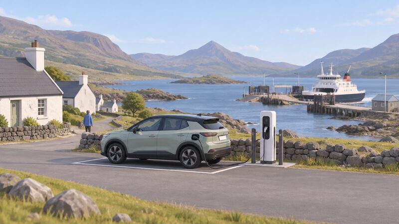 A single public EV chargepoint on a quiet roadside in a small remote Highland village, with a car plugged in and a ferry terminal with a slipway and ferry visible in the background across water.