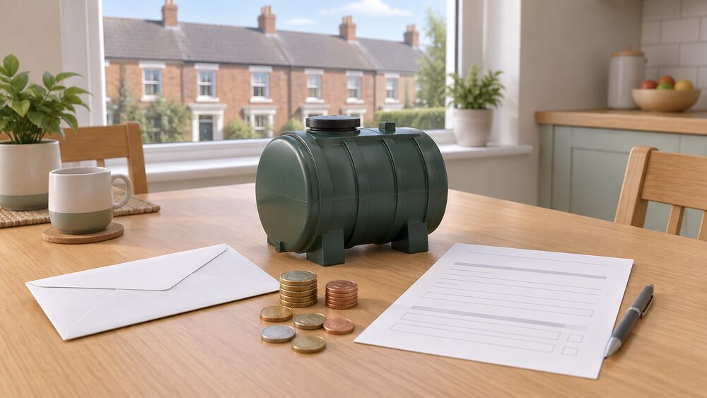 A small model of a domestic heating oil tank standing on a kitchen table beside a plain white envelope, a blank application form and a scatter of coins, with a terraced house visible through the window behind.