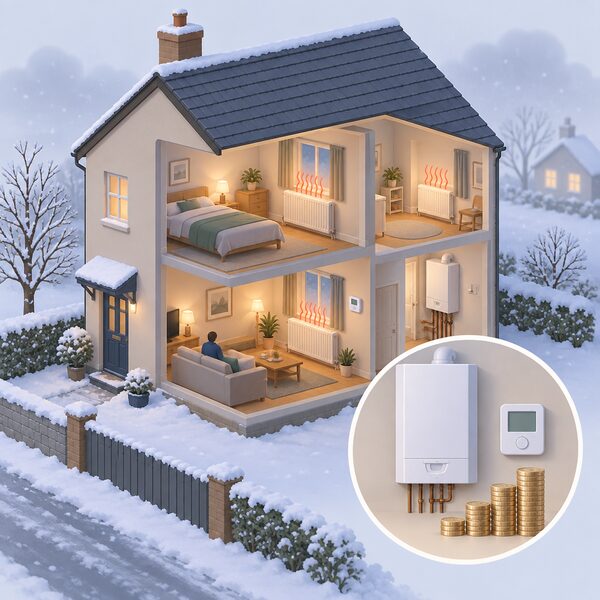 A cosy Northern Ireland home on a cold day, seen in cutaway with the heating system running and radiators warming the rooms, while outside the weather is cold, showing the fuel cost needed to keep the home at a reasonable temperature.