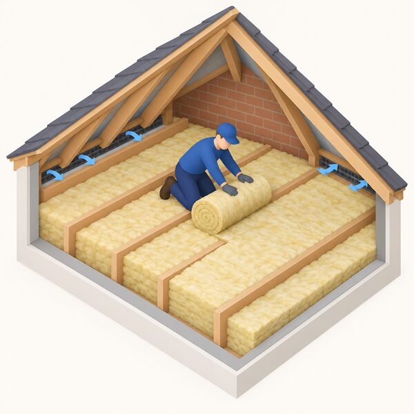 A simplified isometric installer in plain work clothing kneels between joists in a domestic loft, unrolling a roll of mineral wool insulation to build it up to a depth of 300mm across the loft floor, with eaves ventilation gaps left clear at the roof edges.
