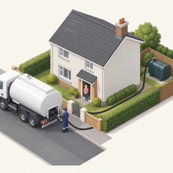 An oil delivery driver in plain work clothing stands beside a small tanker parked at the kerb outside a typical Northern Ireland house, unreeling a hose to fill the domestic heating oil tank in the garden while a resident watches from the doorway.