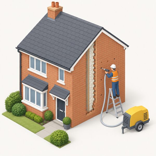 A small isometric figure of an installer on a low ladder outside a house's outer wall, drilling injection holes and holding a hose from an insulation injection machine on the ground that feeds insulation into the cavity, showing the fabric work a household can fund.