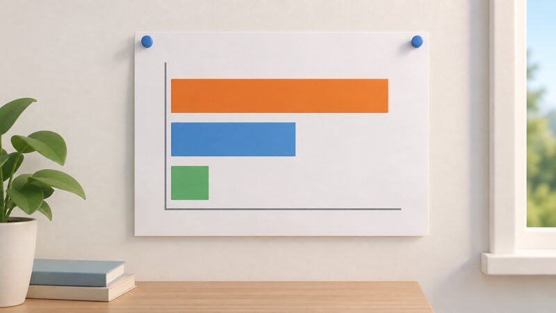 A printed chart sheet pinned to a wall, showing a simple bar diagram of Northern Ireland home heating fuels with one long plain bar for heating oil, a shorter plain bar for mains gas and a small remaining bar, all without numbers or words.