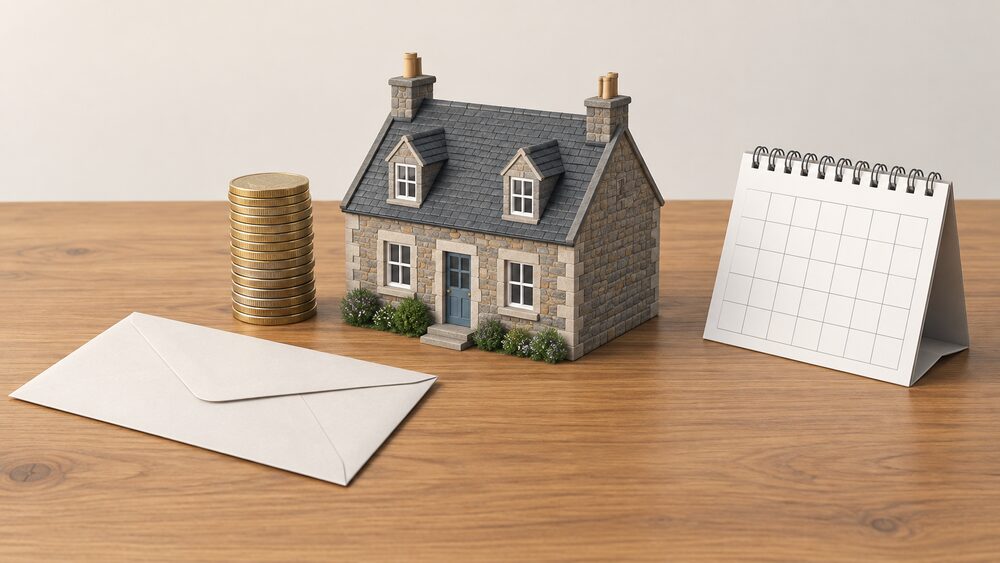 A small model of a stone Scottish house sits on a wooden table beside a tall stack of coins, a plain unmarked envelope, and a paper calendar, suggesting household fuel costs weighed against income.