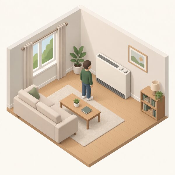 A simply furnished living room with an electric storage heater as the primary heating source, drawn as a plain upright heater on an interior wall with its input and output dials, a small isometric figure standing nearby, and no boiler, radiators or gas appliances anywhere in the scene.