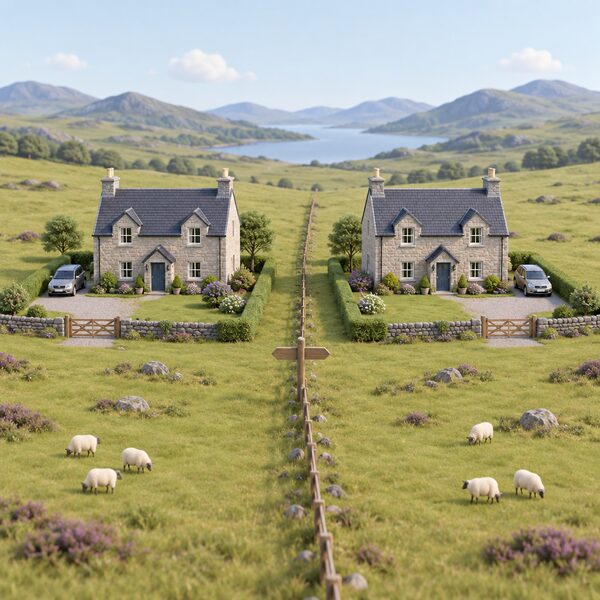 A single detached stone house in open Scottish countryside standing just on one side of a simple border line marked by a low fence and a small signpost, with identical rolling fields continuing on the other side to show the same home and circumstances but a different classification across the line.