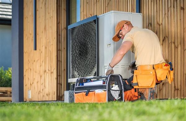 A technician in an orange cap and tool belt installing an air source heat pump unit outside a timber-clad house