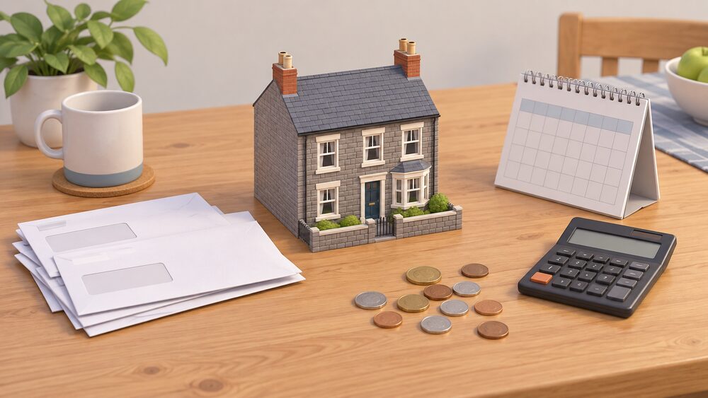 A small model of a Welsh terraced house sits on a kitchen table beside a stack of unopened energy bills, a scatter of coins, a wall calendar and a calculator, suggesting a household weighing heating costs against income.