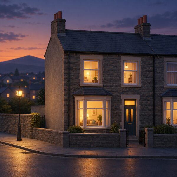 A typical Welsh terraced house at dusk, its windows glowing warmly with lit rooms, standing alone in a quiet street to represent one of the many Welsh households estimated to be living in fuel poverty.