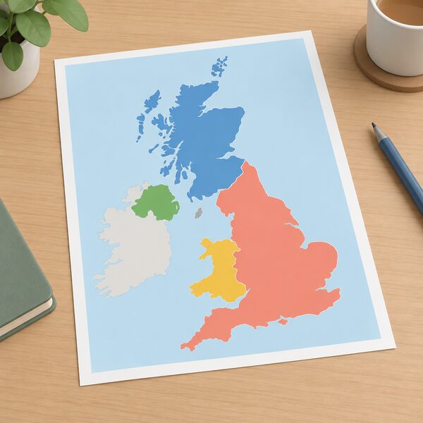 A simplified printed map sheet of the United Kingdom lying on a table, showing the four nations as distinct plain colour regions with no names or figures, illustrating that each nation uses a different fuel poverty measure.