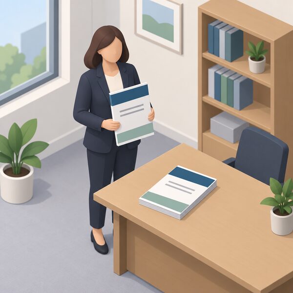 A printed strategy document lying on a plain table, its cover carrying only plain colour bands and blank lines, with a Welsh Government minister's simplified isometric figure standing beside it holding a copy, set in a simple office with a window and a bookshelf.