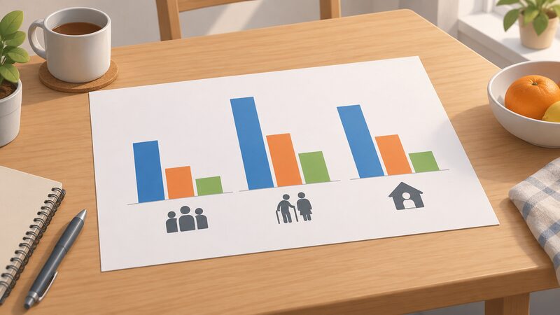 A printed chart sheet lying on a table showing grouped plain bars comparing three thresholds across three household groups, with no readable words or numbers.