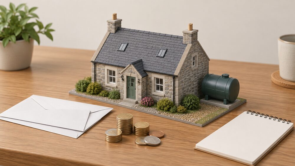 A small model of a stone-built Scottish cottage with an oil tank beside it sits on a table next to blank envelopes, a stack of coins and a blank notepad, representing a rural household weighing its heating fuel costs.