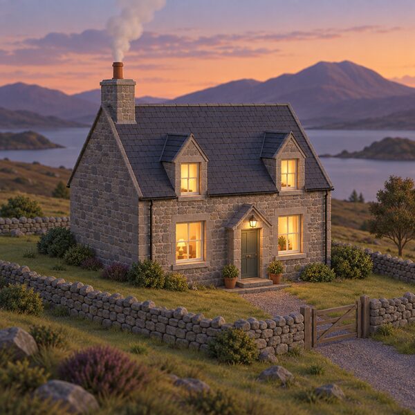 A modest Scottish stone house at dusk in a rural setting, with warm light glowing in its windows and smoke rising from a chimney, showing the dwelling itself as one household counted in the fuel poverty statistics.