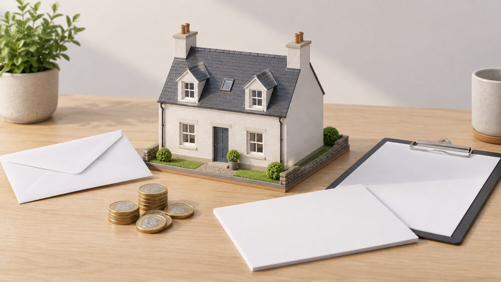 A small model of a stone-built Scottish house with a thick new render layer over its external walls sits centrally on a table, beside a blank letter of offer, a plain envelope, a council-style clipboard and a few coins, all in soft daylight.
