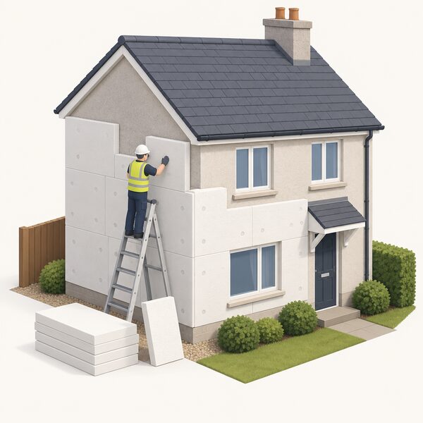 A council worker in plain work clothing fitting insulation to the external wall of an ordinary Scottish house, with a ladder and insulation boards beside them, representing a local authority area-based scheme delivering insulation measures to a home.