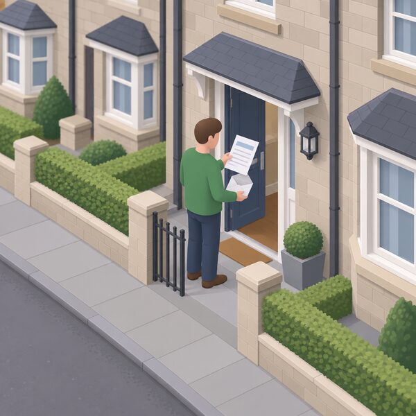 A homeowner standing at their front door in a typical Scottish street opening a formal letter of offer, the opened envelope in one hand and the letter shown as a physical sheet with plain colour bands and blank lines, no readable words or numbers.