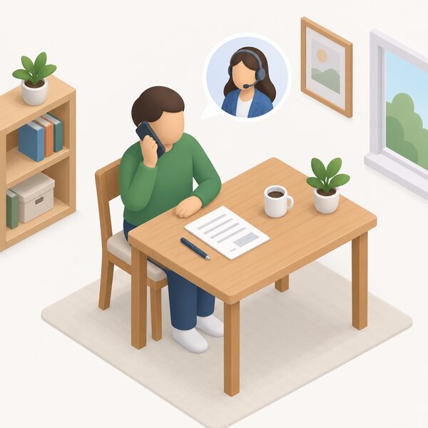 A simplified isometric householder at home holding a telephone to their ear, with a paper application form and pen on the table beside them, representing an applicant contacting a Home Energy Scotland advisor about a HEEPS:ABS loan.