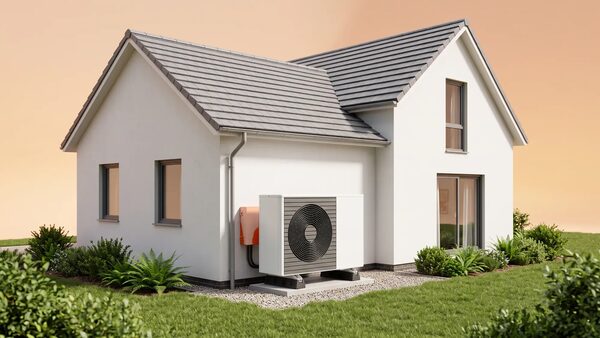 A white detached house with an air source heat pump unit installed on the outside wall
