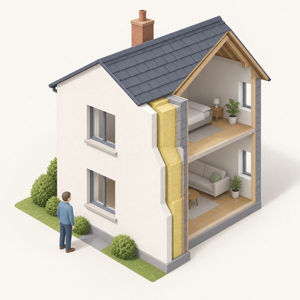 A simple cutaway view of a house showing a thick layer of insulation within one external wall, with a small isometric figure standing outside looking at the finished wall, and no boiler, flue or other equipment shown, conveying that the insulated fabric itself reduces the energy the home must buy.