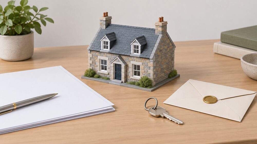 A small stone-built Scottish house model with a repaired slate roof sits on a table beside blank loan paperwork, a house key and a sealed envelope, representing a closed equity loan still secured against the home until it is sold.