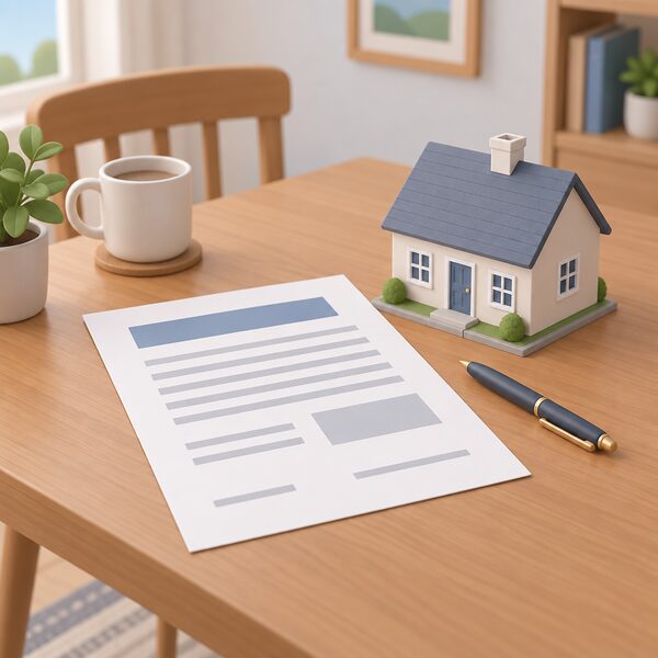 A loan agreement document lying on a table in a home, drawn as a physical paper with blank lines and plain blocks where the fixed amount owed would appear, beside a small house model representing the property it is secured against and repaid on when sold.