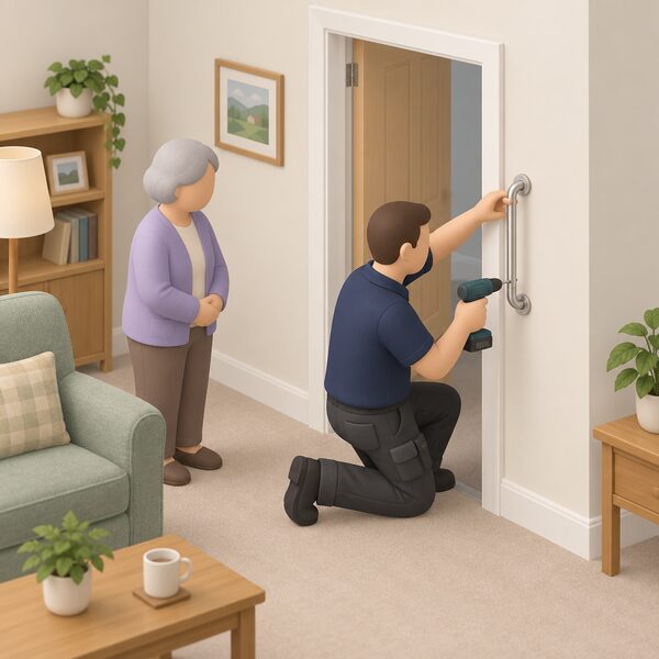 A Care and Repair style handyperson in plain work clothes fits a metal grab rail to the wall beside an internal doorway while a small simplified older owner stands nearby watching in their own living room.