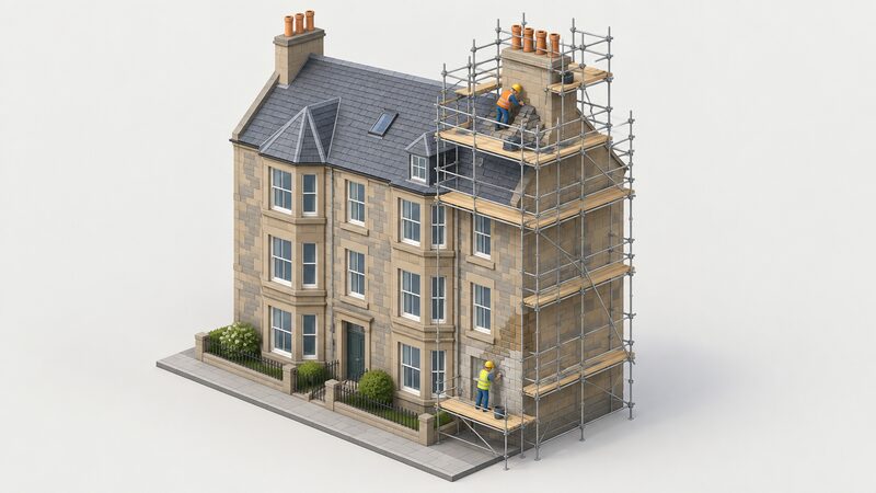 A pre-1919 Scottish stone tenement under scaffolding, with a scaffolded chimney stack at the roofline and a small isometric roofer on the scaffolding repairing the roof, while a worker below treats damp on the external stone wall.
