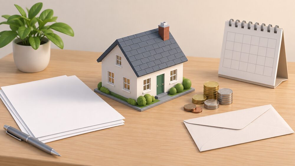 A small model house standing on a table beside blank application paperwork, a sealed envelope, a scatter of coins and a wall calendar, representing a household applying for a national grant scheme to fund energy efficiency improvements.