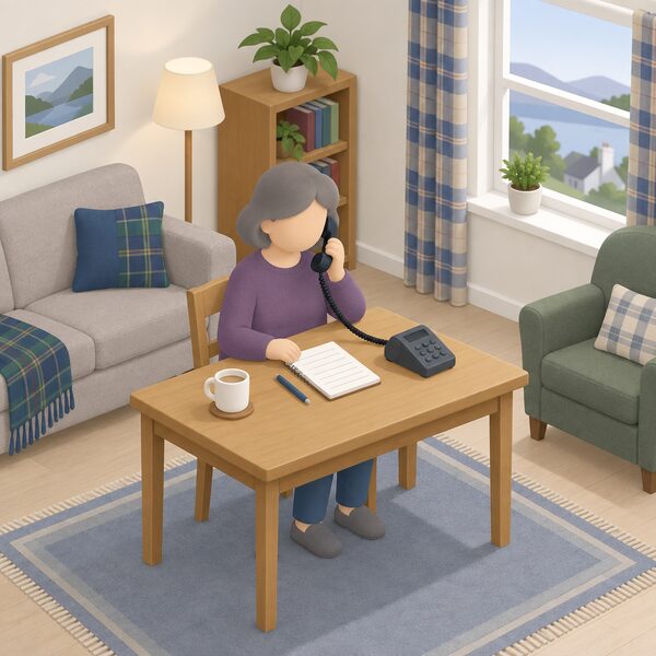 A simplified isometric householder in a Scottish living room holding a telephone to their ear while seated at a table, making a free advice call, with a plain notepad of blank lines beside them and a window suggesting a home setting.