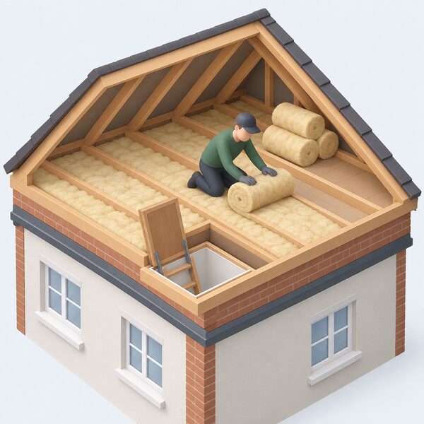 An installer in plain clothing kneeling in the loft space of a Welsh home, unrolling a blanket of insulation between the joists, with a ladder up through the open loft hatch and rolls of insulation waiting beside them.
