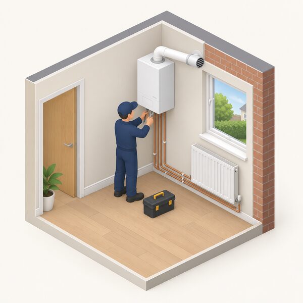 A small isometric figure of an installer fitting a new wall-hung condensing boiler indoors in a Northern Ireland home, standing beside the boiler on an inside wall with its flue passing through to the outside and pipework running to nearby radiators.