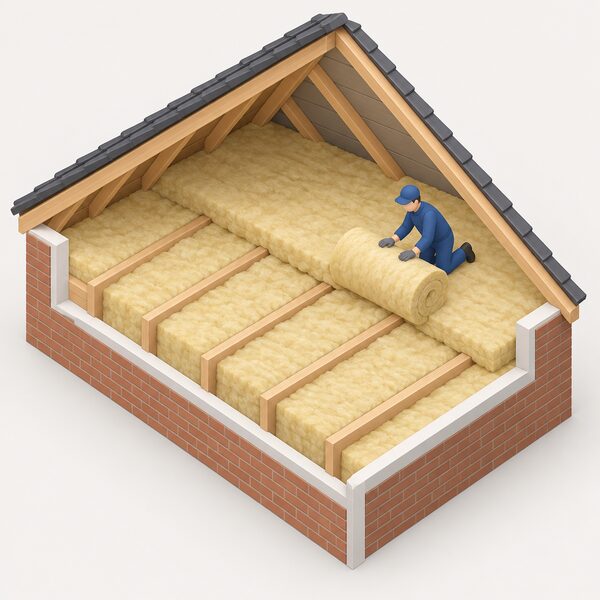 A cutaway loft in a UK home showing mineral wool insulation laid neatly between the joists and a thick second layer rolled across over them to a deep 300mm level, with a small isometric installer figure unrolling the final section.