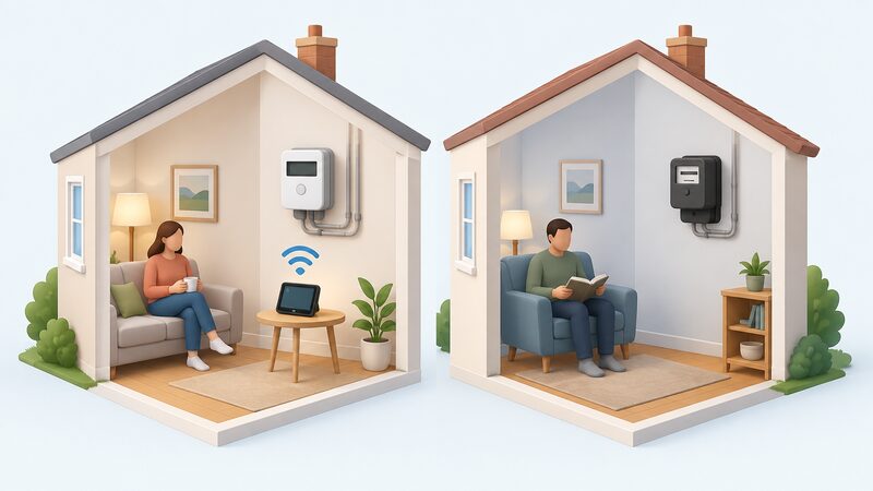 A split diagram contrasting a Great Britain home setup with a smart electricity meter on the wall and a wireless in-home display on a table showing a plain signal link, against a Northern Ireland home with only a conventional electricity meter on the wall and no display.
