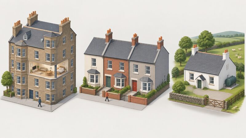 Three simplified houses side by side: a Scottish tenement flat shown as one storey within a stone tenement block, a Welsh terraced house in a row, and a detached rural Northern Ireland house with an outdoor oil tank beside it.