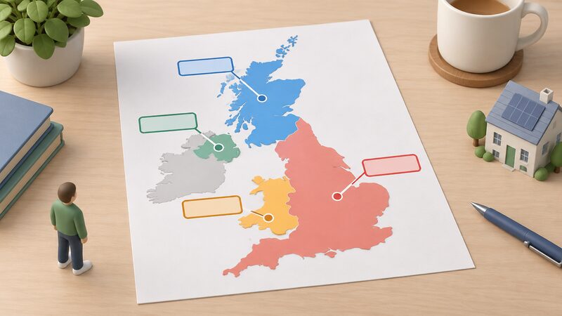 A simplified map of the United Kingdom drawn as a printed sheet, with each of the four nations shaded a different plain colour and a blank label block beside each nation standing for its main home energy scheme.