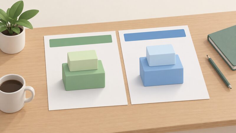 A simple diagram drawn as two printed sheets side by side on a table, one labelled by a plain colour band as the clean heating stream and the other as the energy efficiency stream, each sheet showing a solid grant block with a smaller optional loan block stacked on top, with no figures or words.