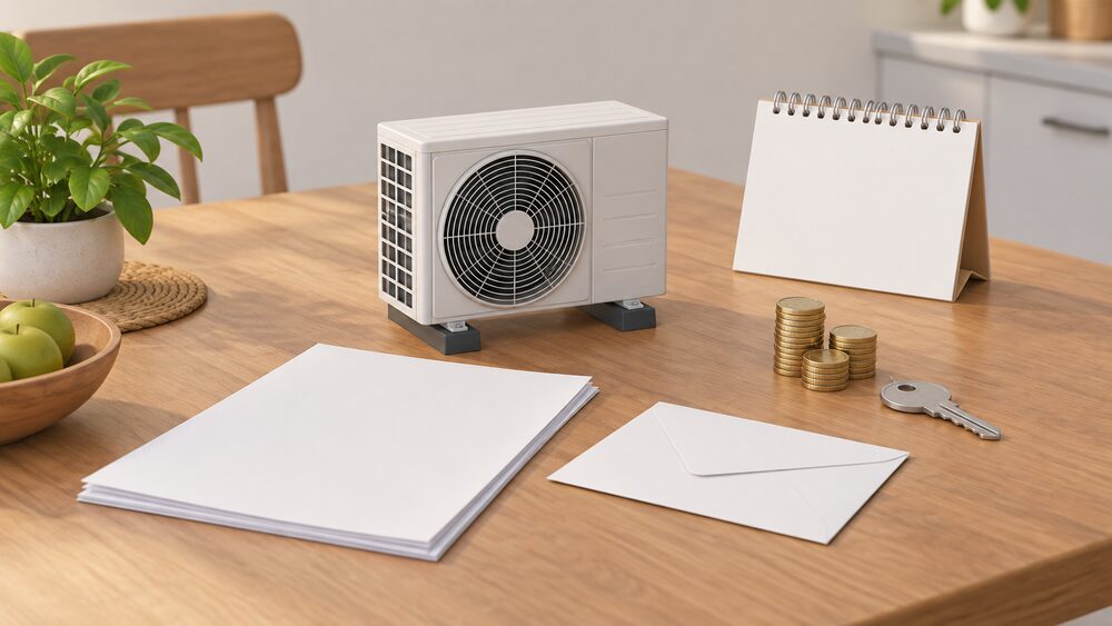 A small model of an air source heat pump fan unit stands on a kitchen table beside blank application paperwork, a blank envelope, a house key and a small stack of coins, with a blank calendar card propped behind them.