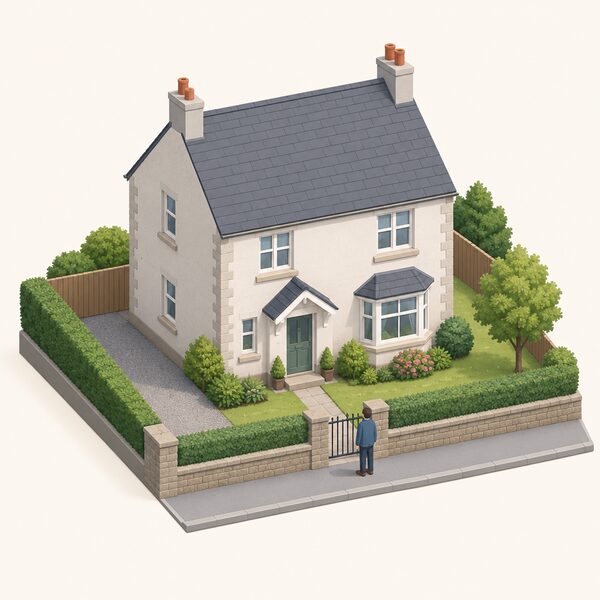 A modest existing Scottish detached house shown from the street, with a simplified isometric owner-occupier standing at the front gate beside the garden path, the home as their principal private residence with no energy equipment or installers shown.